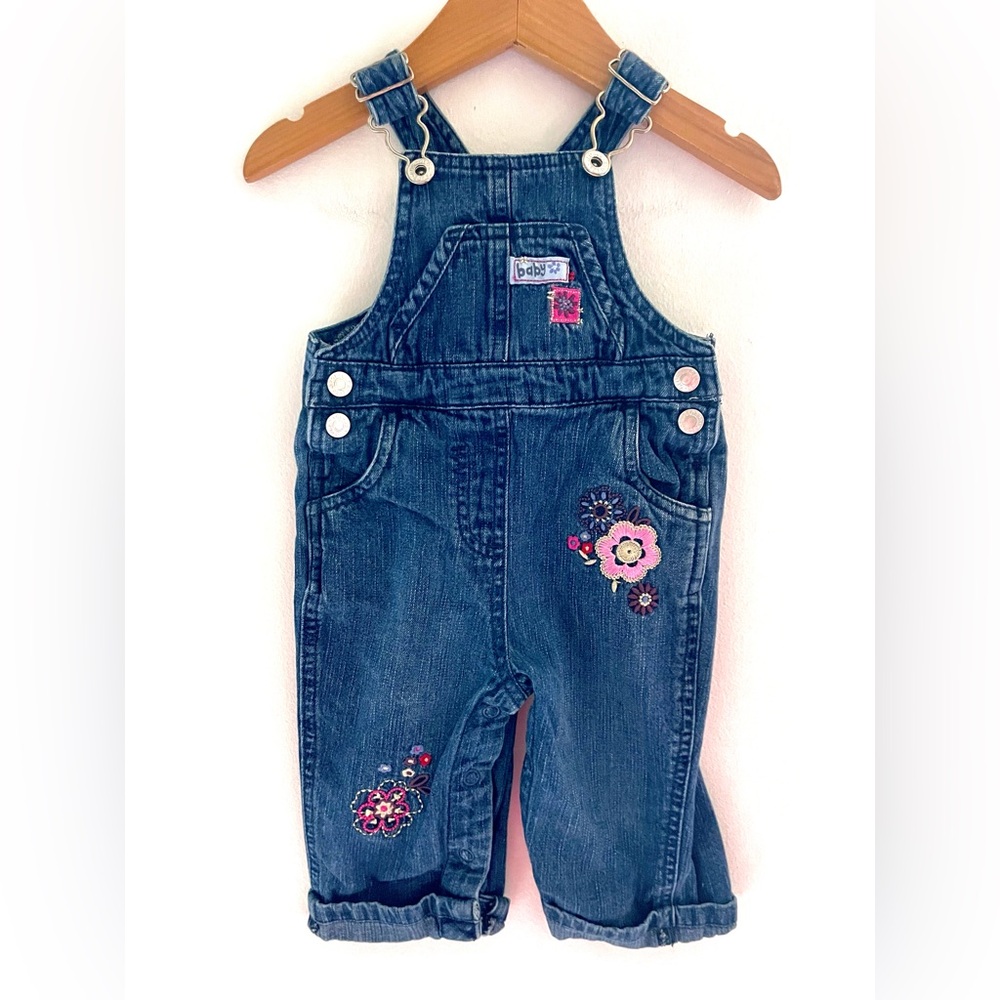 Vintage Baby Girl Denim Overalls, Flower Embroidery, Split Bib Pocket